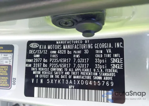 2013 Kia Sorento Lx z USA, uszkodzony, nr VIN 5XYKT3A1XDG415769